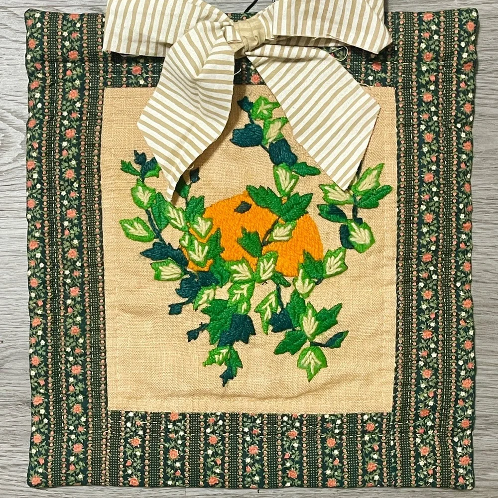 Vintage Crewel Wall Art Hanging Burlap Tapestry Mini Textile 11x11 Handmade Boho